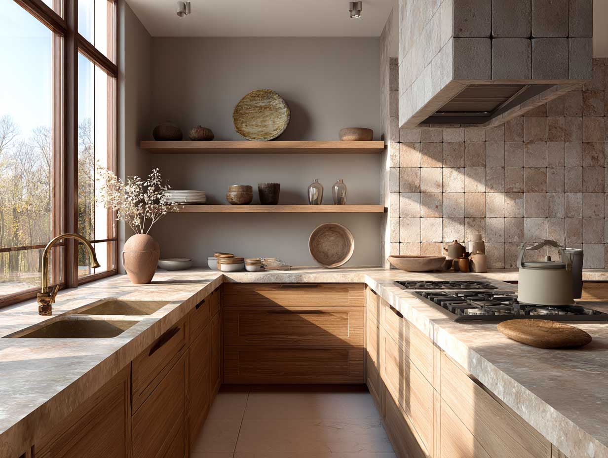 modern kitchen, warm wood cabinetry, stone countertops, clay tile backsplash, soft sunlight, neutral palette, minimalist organic style, earthy textures