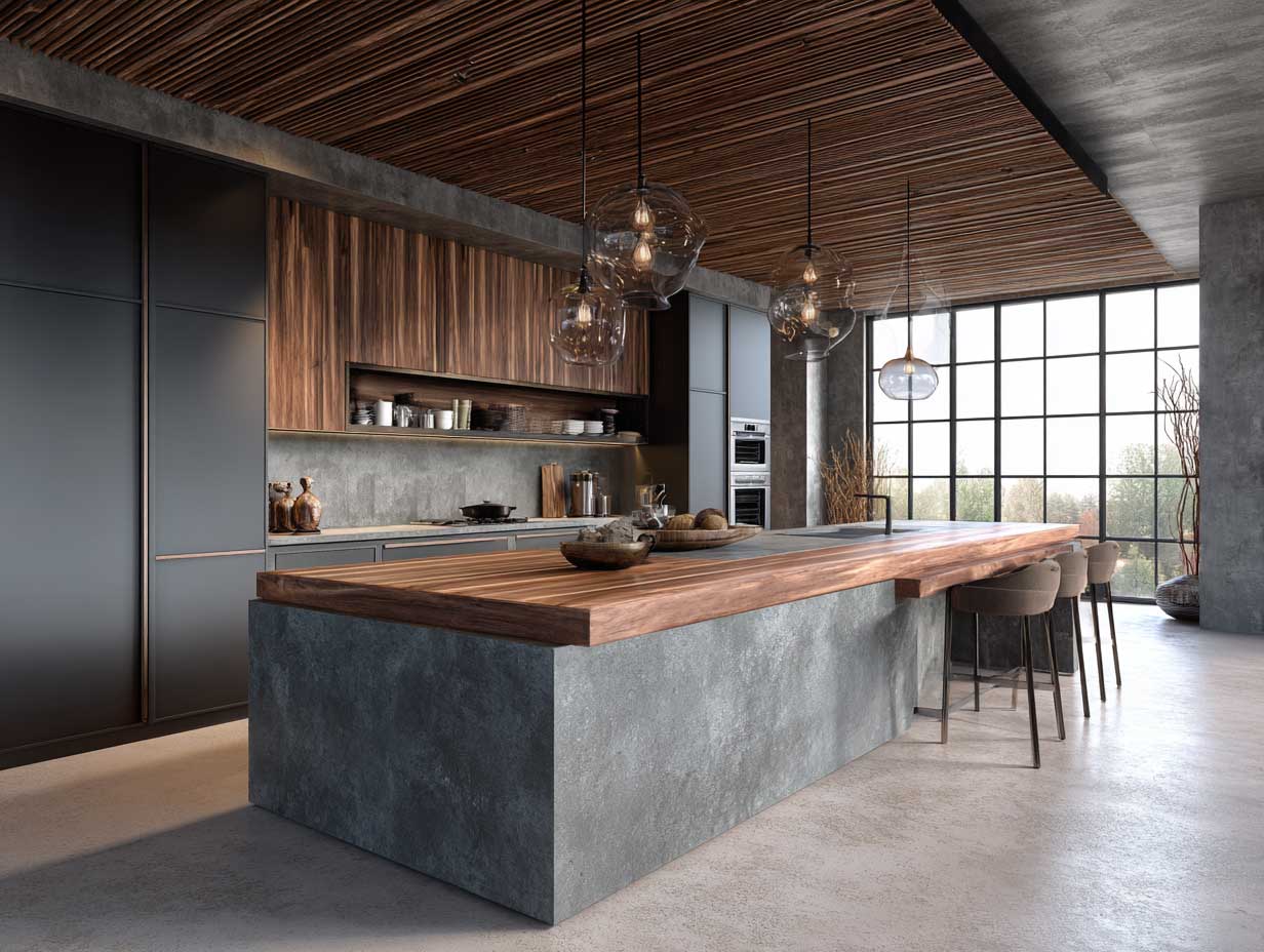 modern kitchen design, unusual material combinations, concrete countertops with velvet-finish cabinets, brushed metal accents, minimalist layout, wood ceiling panels, rich color palette, no people, clean lighting
