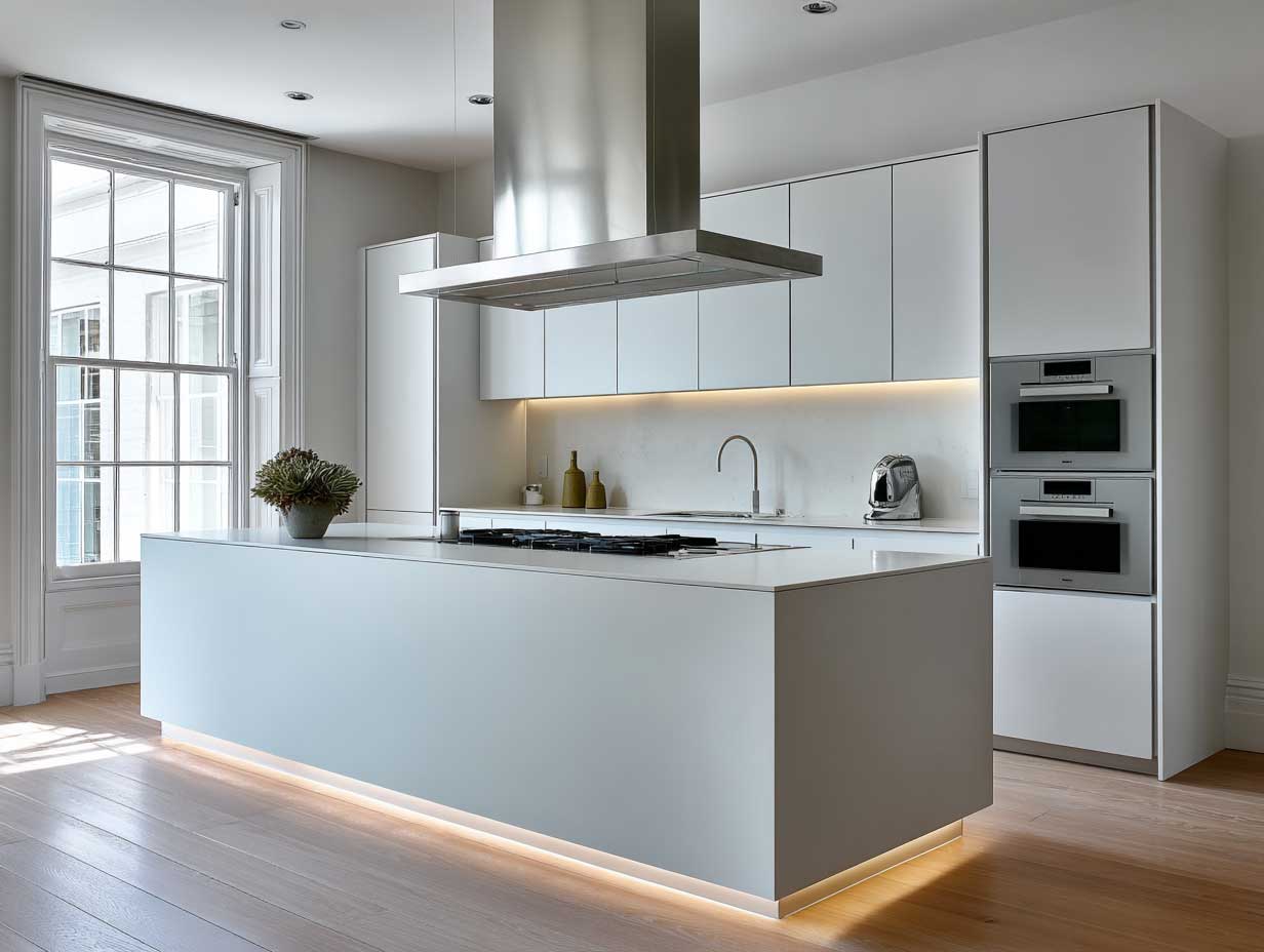 modern kitchen, minimalist layout, handleless soft-close cabinets, matte white surfaces, integrated appliances, soft natural light, neutral tones, clean lines