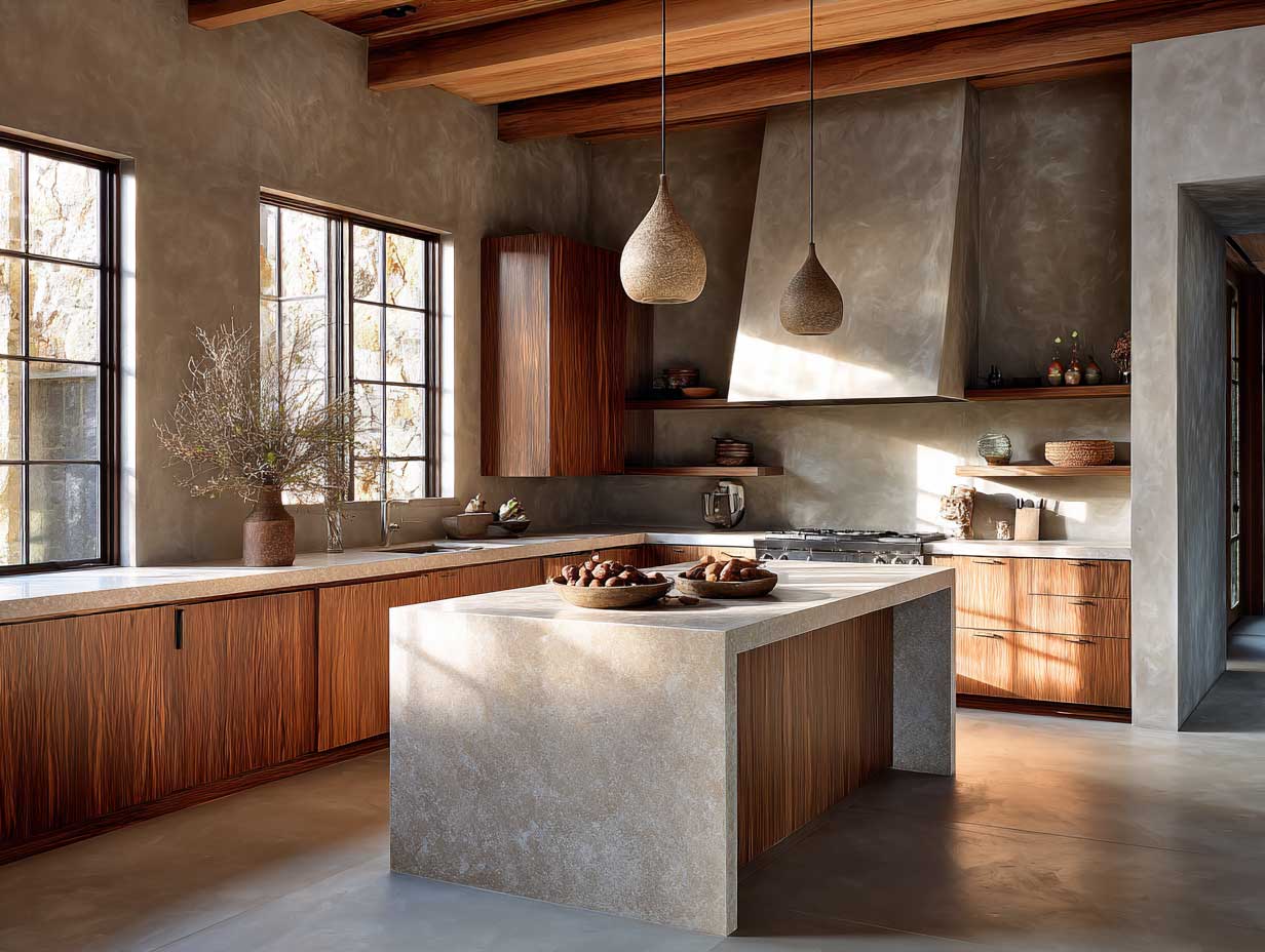 modern kitchen, warm wood cabinetry, stone countertops, clay tile backsplash, soft sunlight, neutral palette, minimalist organic style, earthy textures