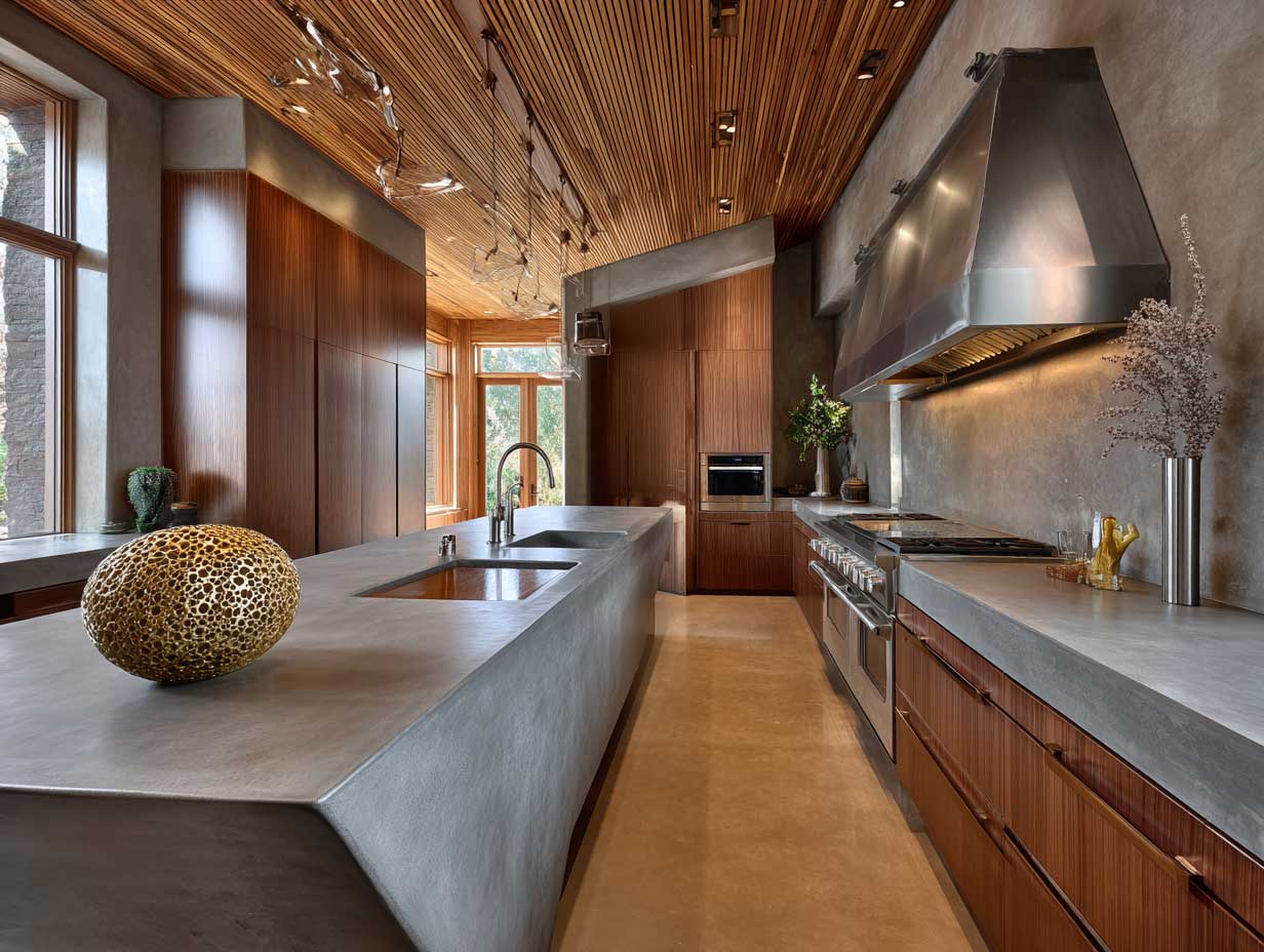 modern kitchen design, unusual material combinations, concrete countertops with velvet-finish cabinets, brushed metal accents, minimalist layout, wood ceiling panels, rich color palette, no people, clean lighting