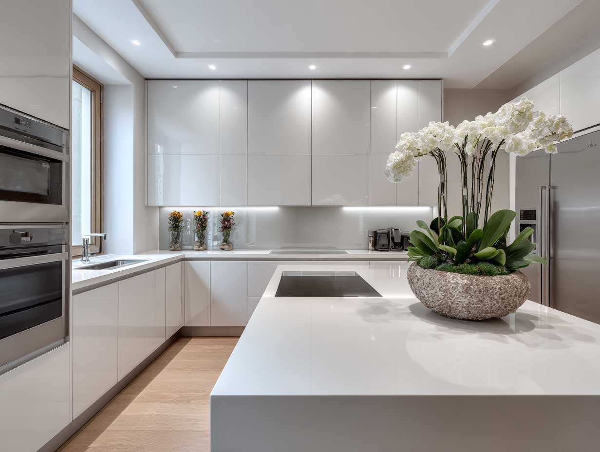 modern kitchen, minimalist layout, handleless soft-close cabinets, matte white surfaces, integrated appliances, soft natural light, neutral tones, clean lines