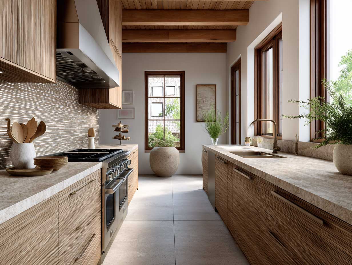 modern kitchen, warm wood cabinetry, stone countertops, clay tile backsplash, soft sunlight, neutral palette, minimalist organic style, earthy textures