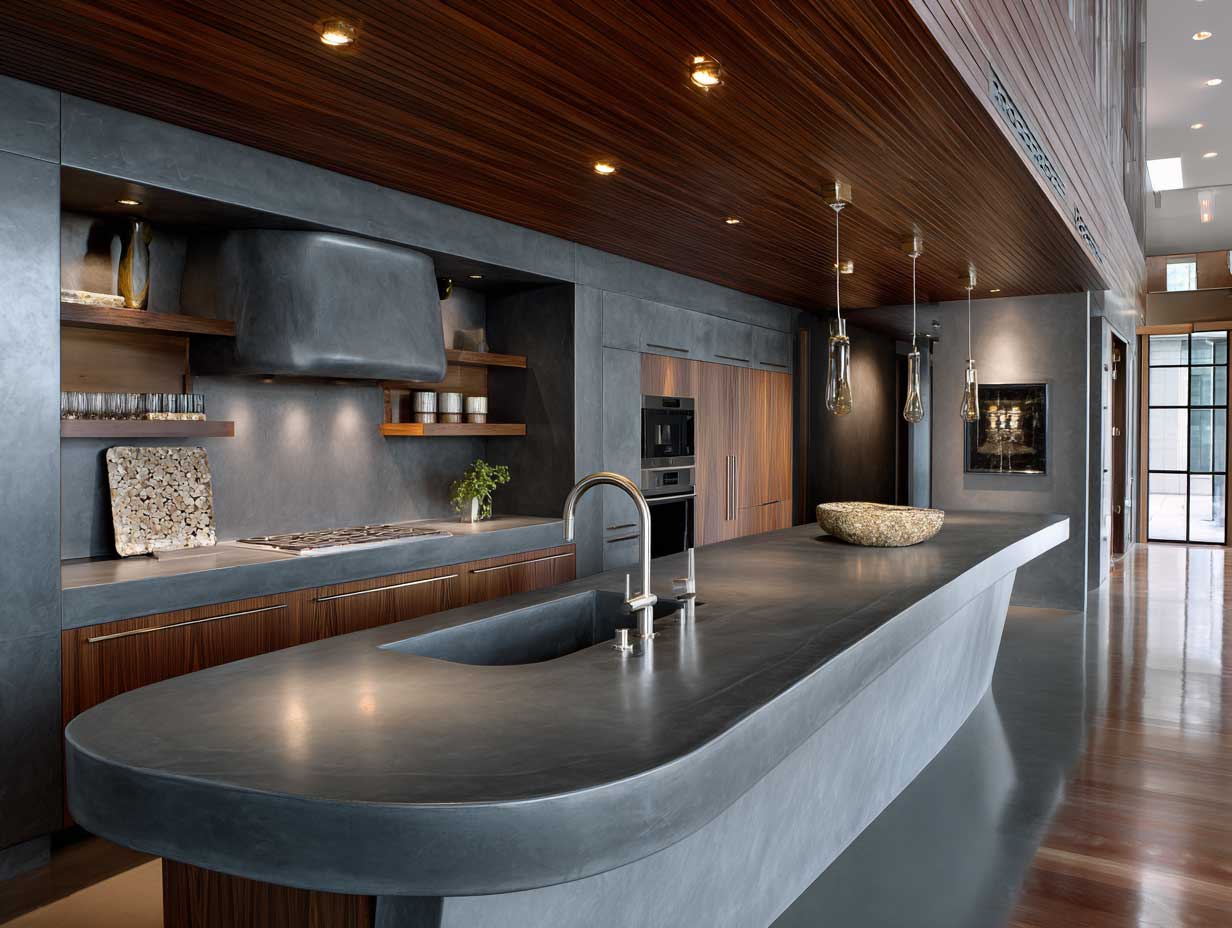 modern kitchen design, unusual material combinations, concrete countertops with velvet-finish cabinets, brushed metal accents, minimalist layout, wood ceiling panels, rich color palette, no people, clean lighting