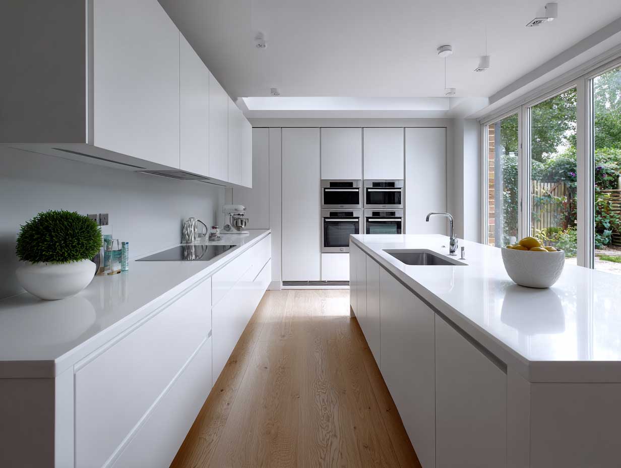 modern kitchen, minimalist layout, handleless soft-close cabinets, matte white surfaces, integrated appliances, soft natural light, neutral tones, clean lines