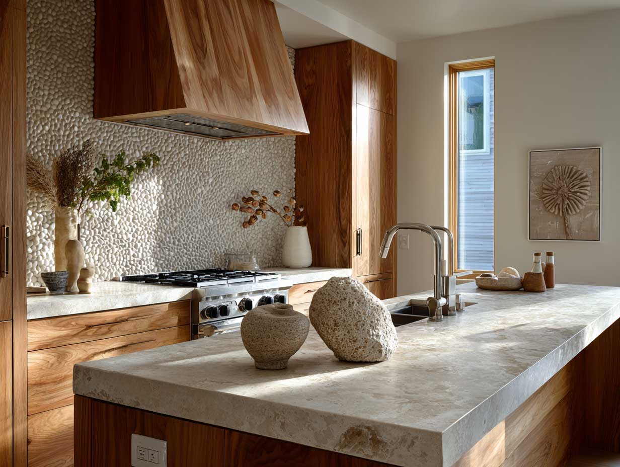 modern kitchen, warm wood cabinetry, stone countertops, clay tile backsplash, soft sunlight, neutral palette, minimalist organic style, earthy textures