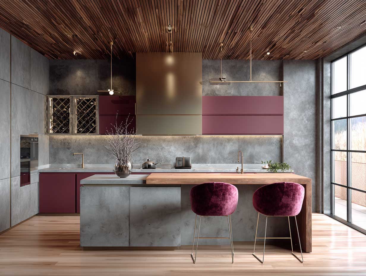 modern kitchen design, unusual material combinations, concrete countertops with velvet-finish cabinets, brushed metal accents, minimalist layout, wood ceiling panels, rich color palette, no people, clean lighting