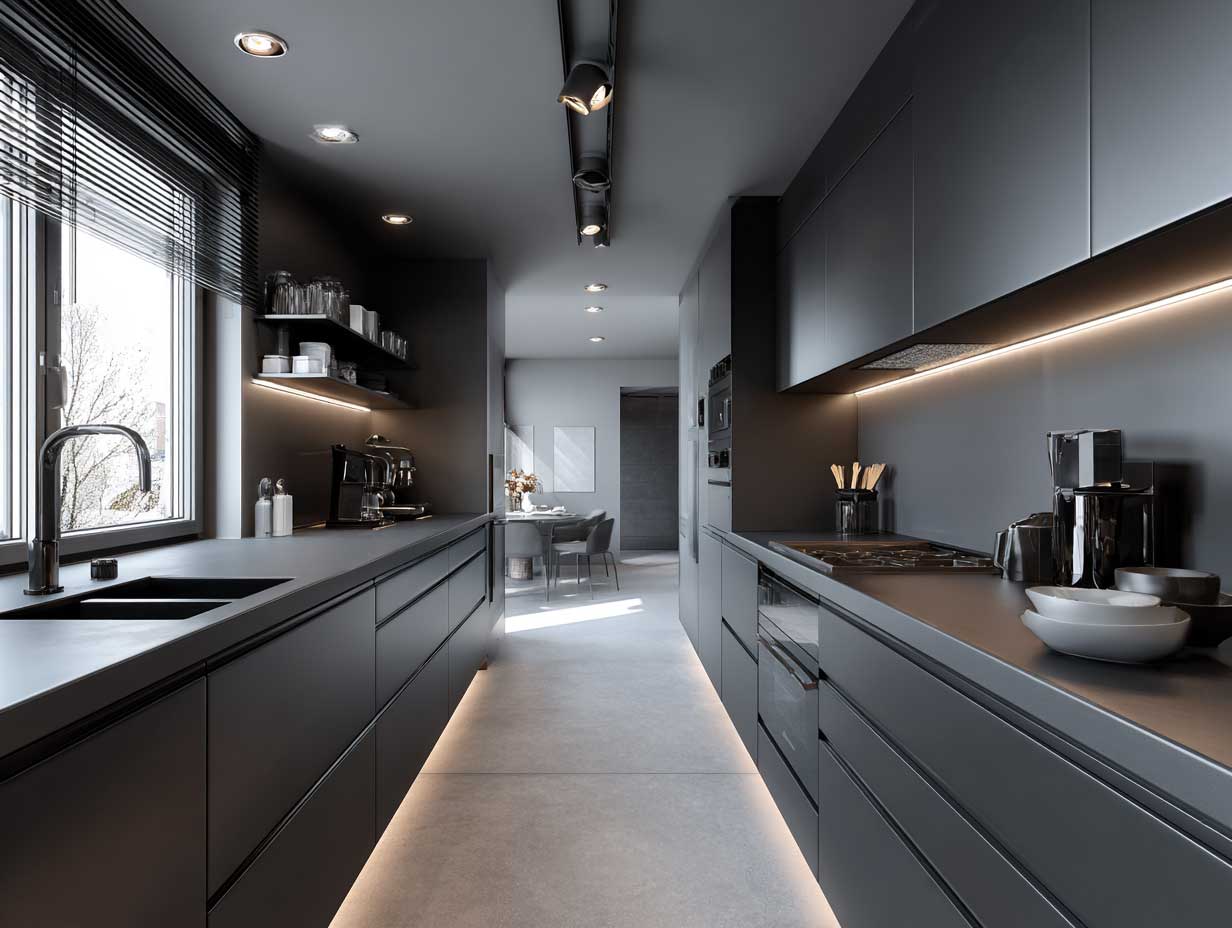 modern kitchen, monochrome black and white palette, sleek linear layout, matte surfaces, soft underlighting, perfect alignment, high-end minimalist aesthetic