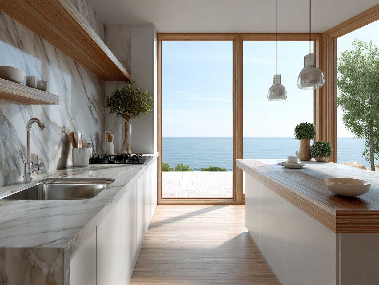 modern kitchen with large windows, natural light, minimal décor, clean white and wood finishes, unobstructed outdoor view, calm interior, meditative cooking space