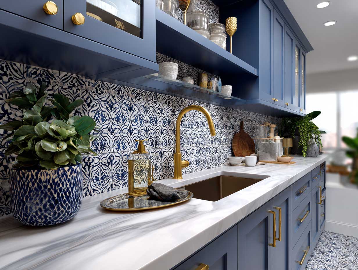 modern kitchen interior, bold patterned tile backsplash, deep blue cabinets, brass fixtures, marble countertops, artistic details, no people, vibrant lighting, clean design, strong visual focus on backsplash