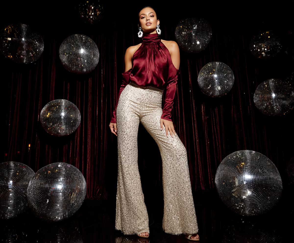 7+ Night Out Outfit Ideas with Cowl Neck Tops and Flared Pants