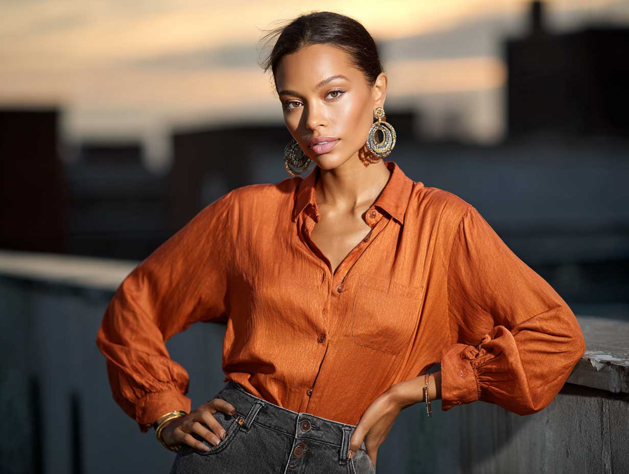 supermodel in burnt orange button down shirt and dark flared denim, industrial rooftop at golden hour, confident stance, statement earrings, textured background, moody lighting, bold fashion look
