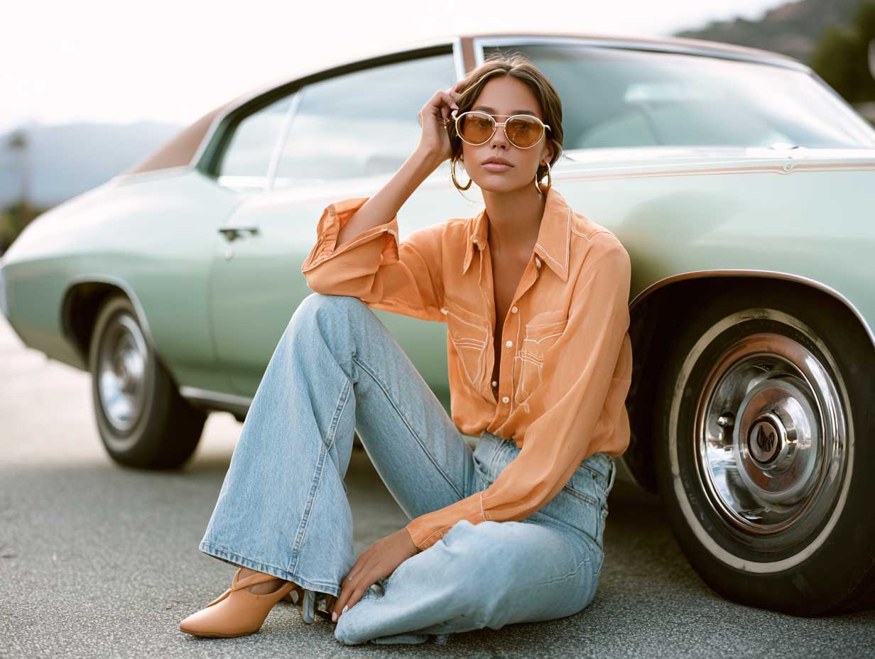 supermodel in pastel orange button down shirt and light wash flared jeans, leaning against retro car in soft daylight, vintage inspired styling, oversized sunglasses, relaxed posture, editorial fashion photo