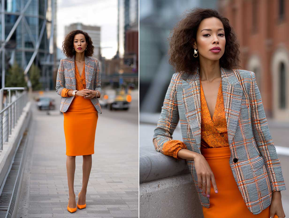 woman wearing a muted orange pencil skirt with plaid blazer in grey and orange tones, autumn city background, professional yet fashionable vibe, natural shadows, mid-length hairstyle, chic heels, subtle makeup