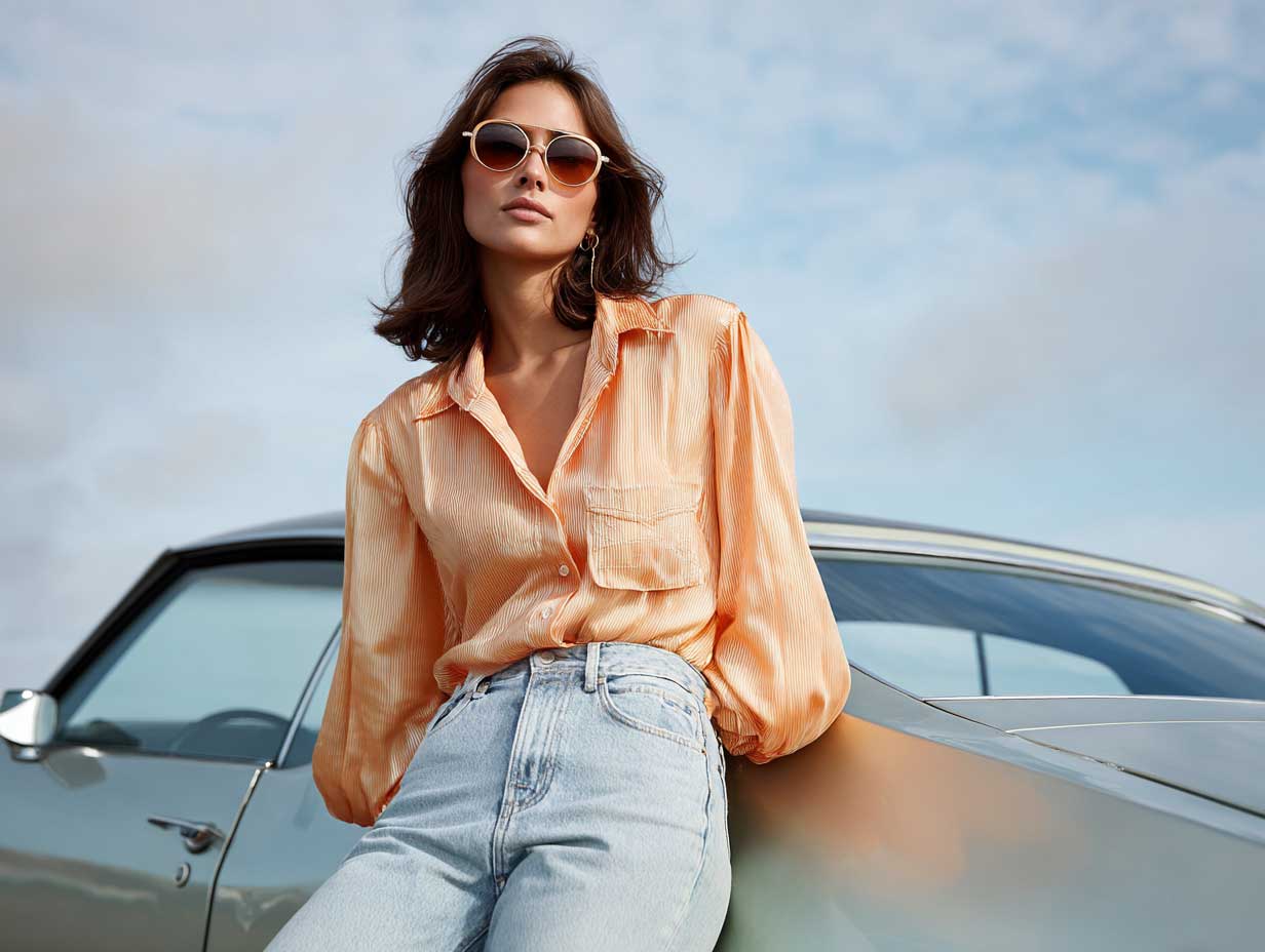 supermodel in pastel orange button down shirt and light wash flared jeans, leaning against retro car in soft daylight, vintage inspired styling, oversized sunglasses, relaxed posture, editorial fashion photo