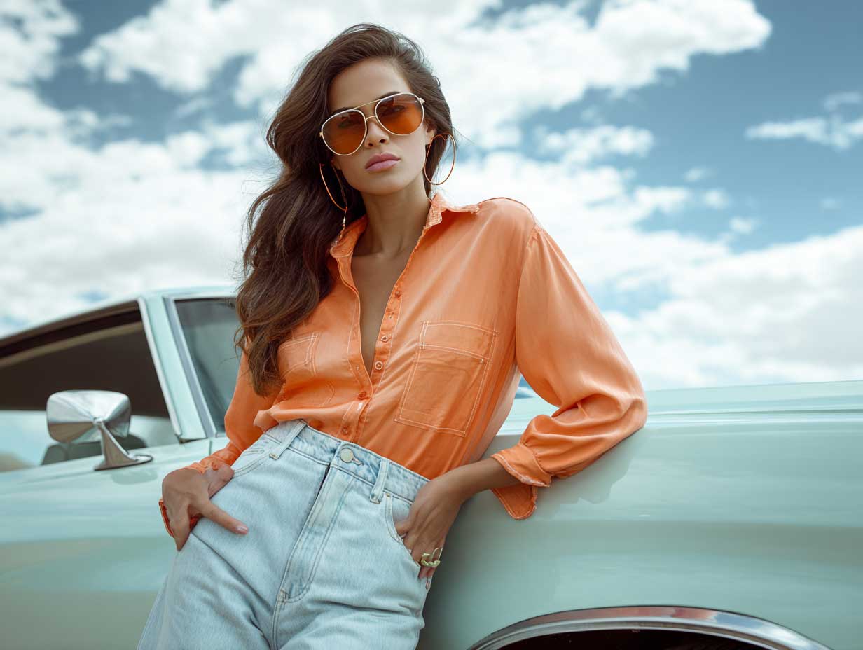 supermodel in pastel orange button down shirt and light wash flared jeans, leaning against retro car in soft daylight, vintage inspired styling, oversized sunglasses, relaxed posture, editorial fashion photo