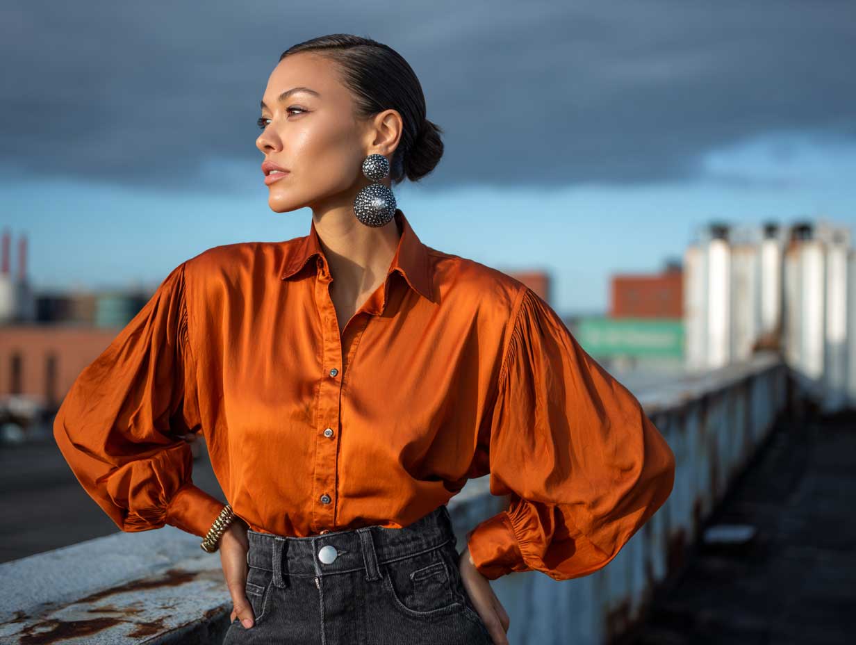 supermodel in burnt orange button down shirt and dark flared denim, industrial rooftop at golden hour, confident stance, statement earrings, textured background, moody lighting, bold fashion look
