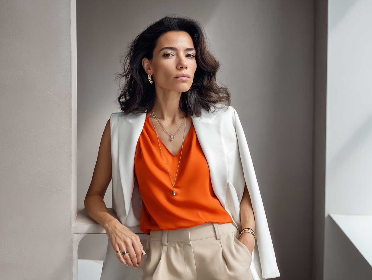 fashionable woman in sleek orange blouse with white blazer and beige cigarette pants, stylish businesswear, office environment, realistic lighting, editorial style, modern minimalist accessories, neutral background