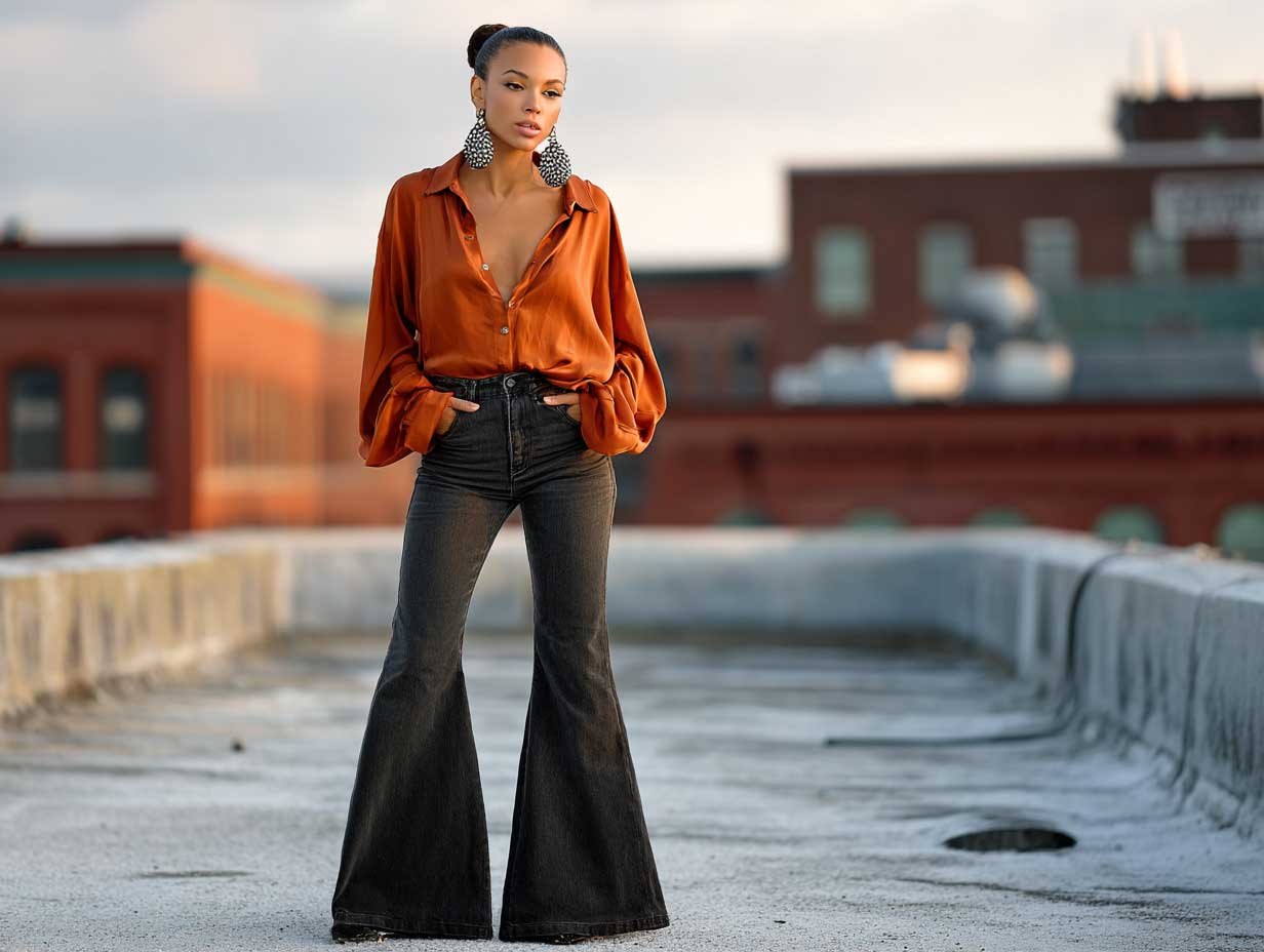 supermodel in burnt orange button down shirt and dark flared denim, industrial rooftop at golden hour, confident stance, statement earrings, textured background, moody lighting, bold fashion look