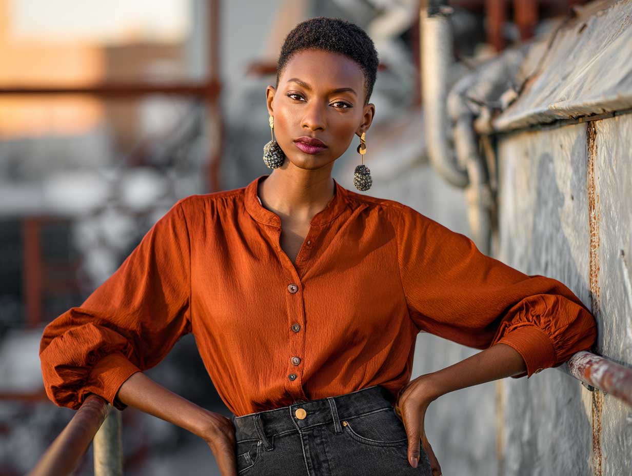 supermodel in burnt orange button down shirt and dark flared denim, industrial rooftop at golden hour, confident stance, statement earrings, textured background, moody lighting, bold fashion look