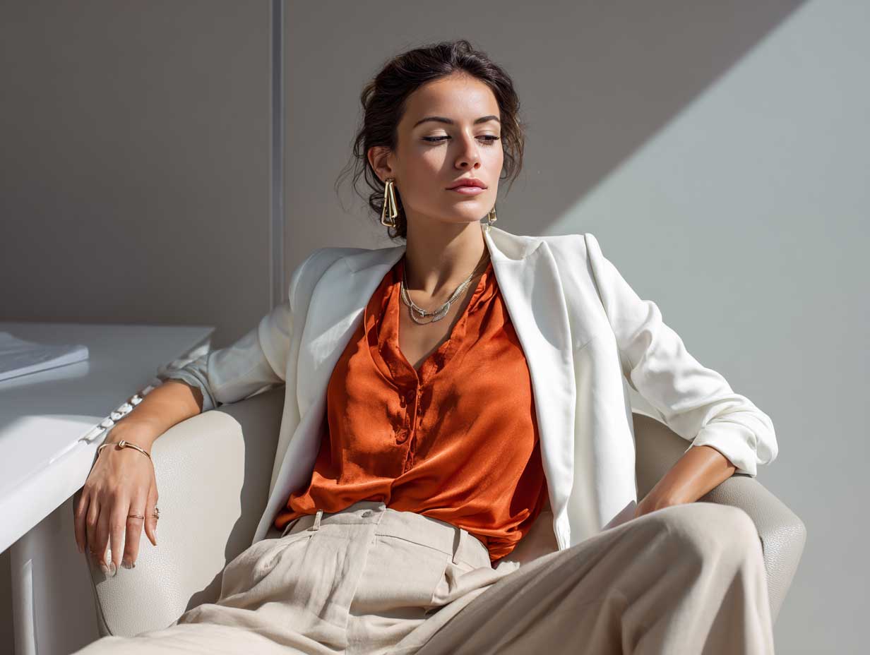 fashionable woman in sleek orange blouse with white blazer and beige cigarette pants, stylish businesswear, office environment, realistic lighting, editorial style, modern minimalist accessories, neutral background