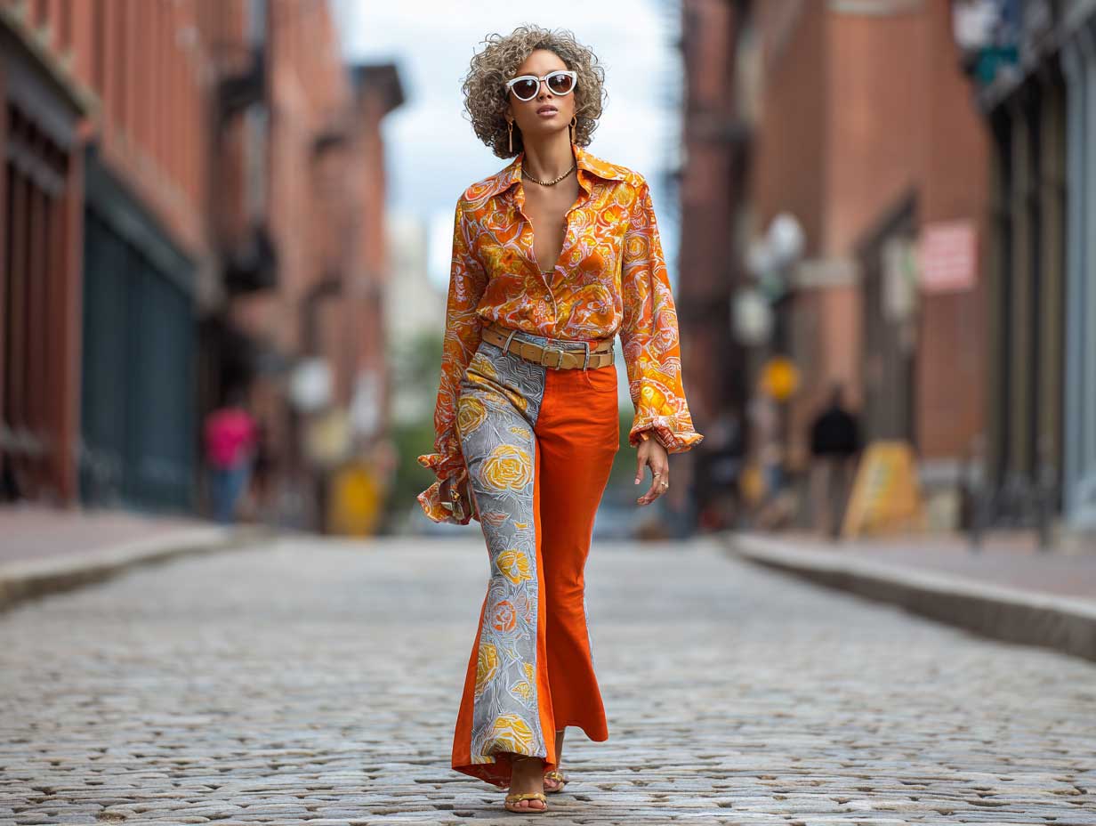 supermodel in orange patterned button down shirt and cropped flared jeans, walking on cobblestone street, upbeat city vibe, bold color palette, animated movement, eclectic fashion styling, natural light