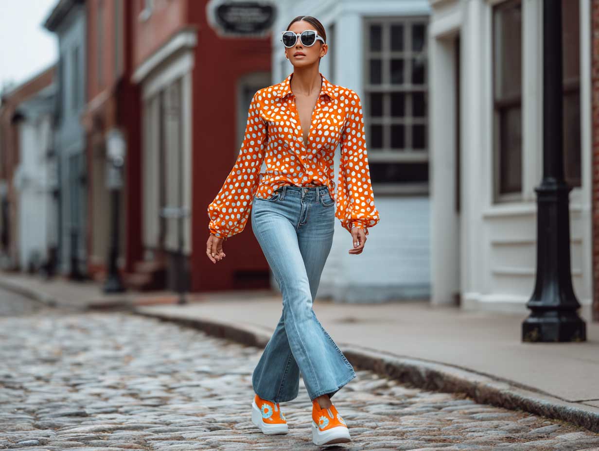 supermodel in orange patterned button down shirt and cropped flared jeans, walking on cobblestone street, upbeat city vibe, bold color palette, animated movement, eclectic fashion styling, natural light