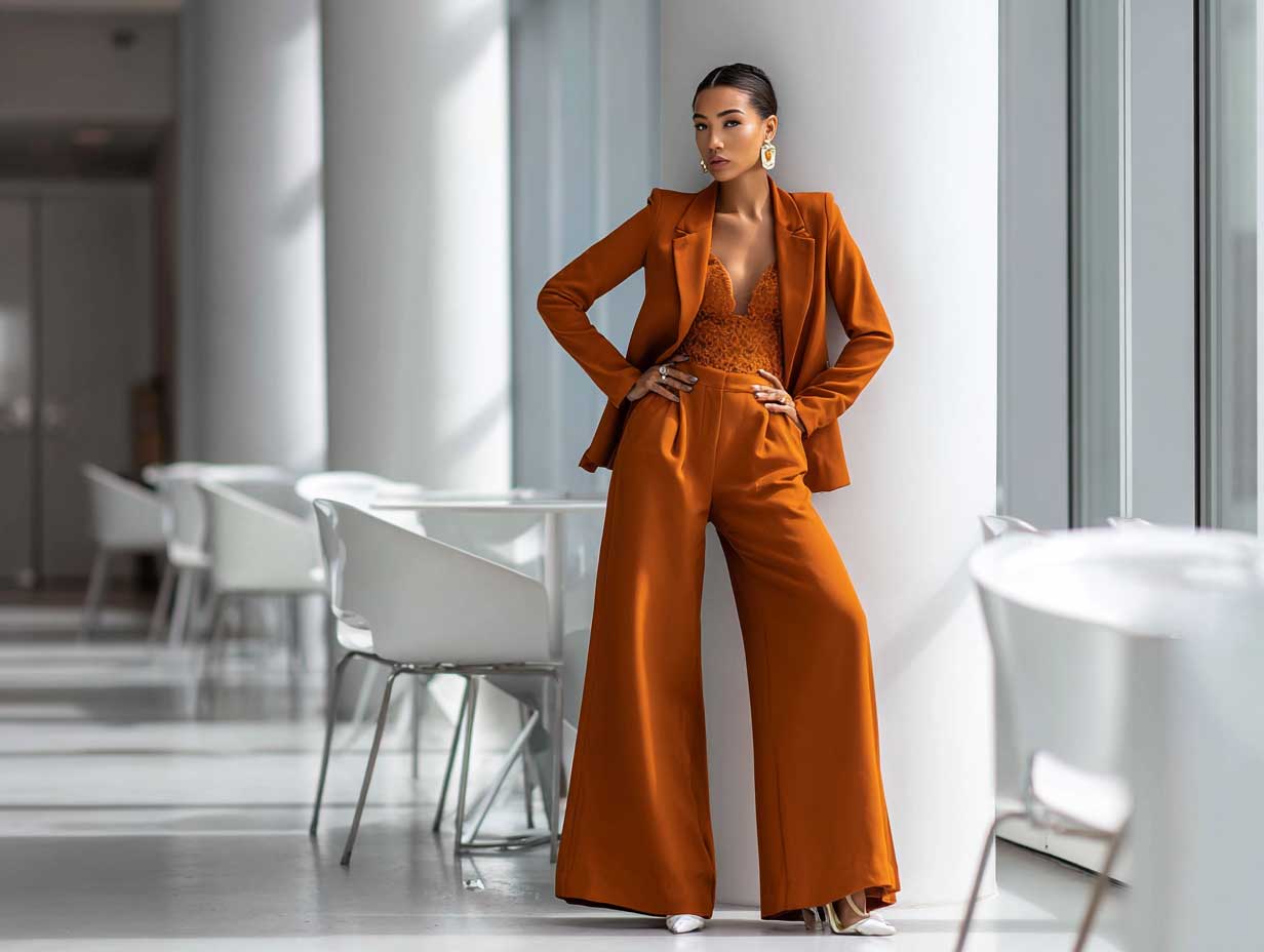 full body fashion photo of woman in burnt orange blazer and matching wide-leg trousers, minimalist office interior, confident pose, clean silhouette, natural daylight, elegant and modern, business chic