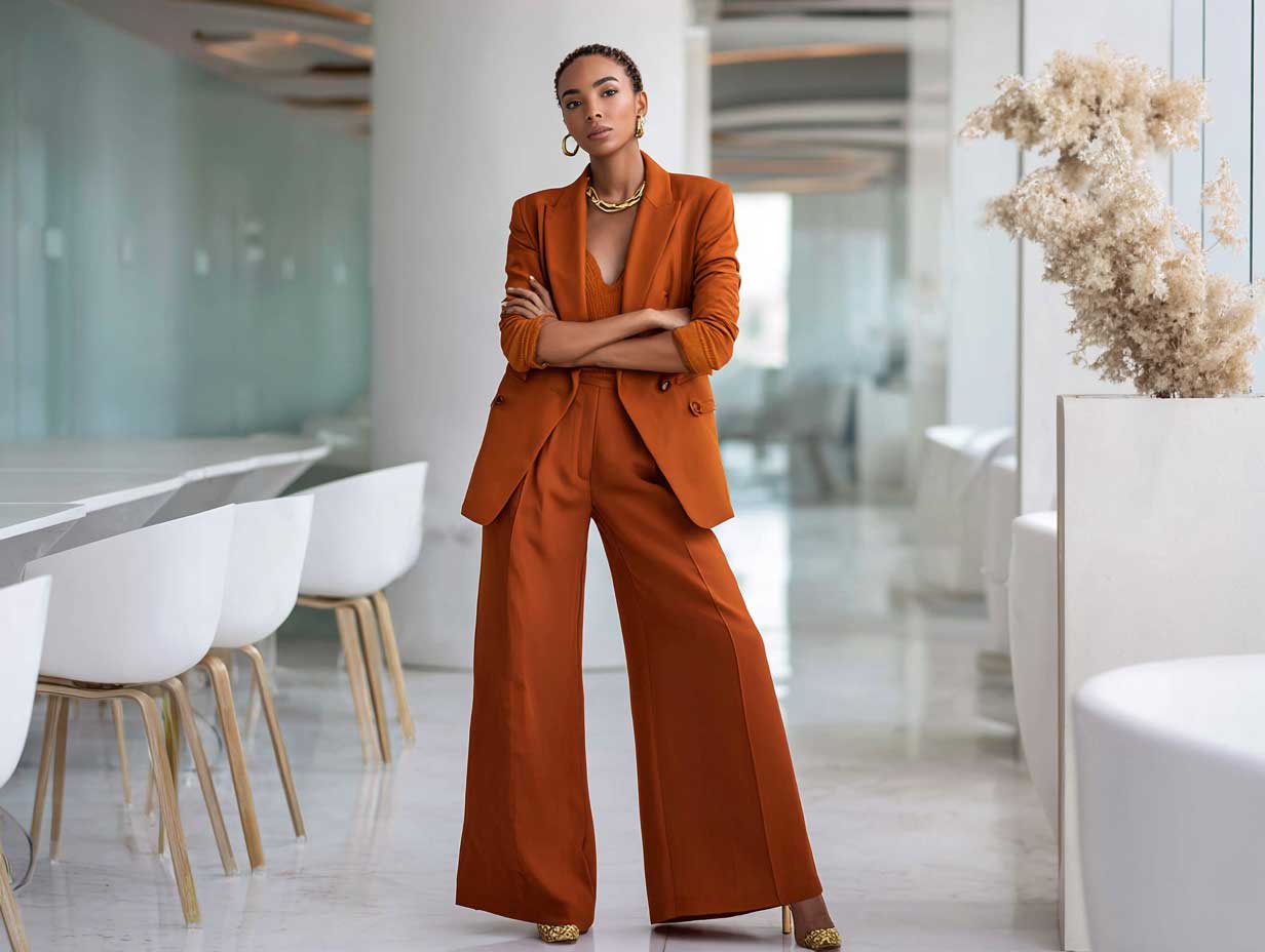 full body fashion photo of woman in burnt orange blazer and matching wide-leg trousers, minimalist office interior, confident pose, clean silhouette, natural daylight, elegant and modern, business chic