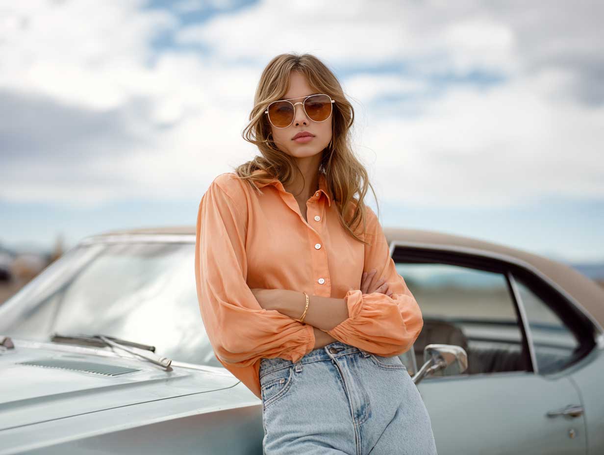 supermodel in pastel orange button down shirt and light wash flared jeans, leaning against retro car in soft daylight, vintage inspired styling, oversized sunglasses, relaxed posture, editorial fashion photo