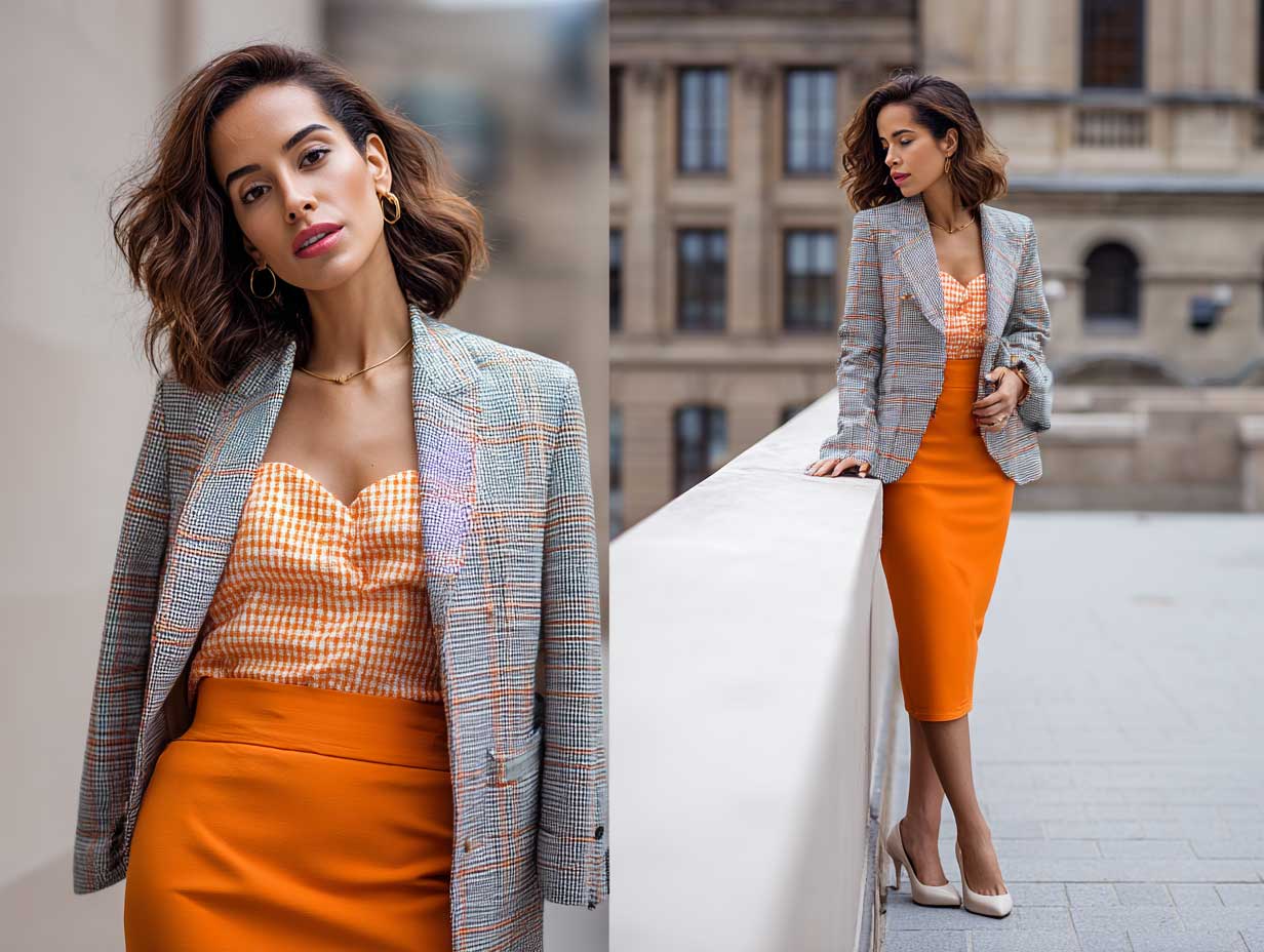 woman wearing a muted orange pencil skirt with plaid blazer in grey and orange tones, autumn city background, professional yet fashionable vibe, natural shadows, mid-length hairstyle, chic heels, subtle makeup