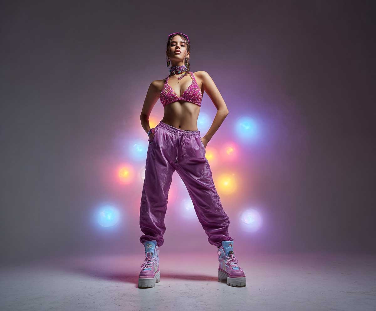 5+ Rave Outfit Ideas with Glitter Halter Tops and Purple Joggers