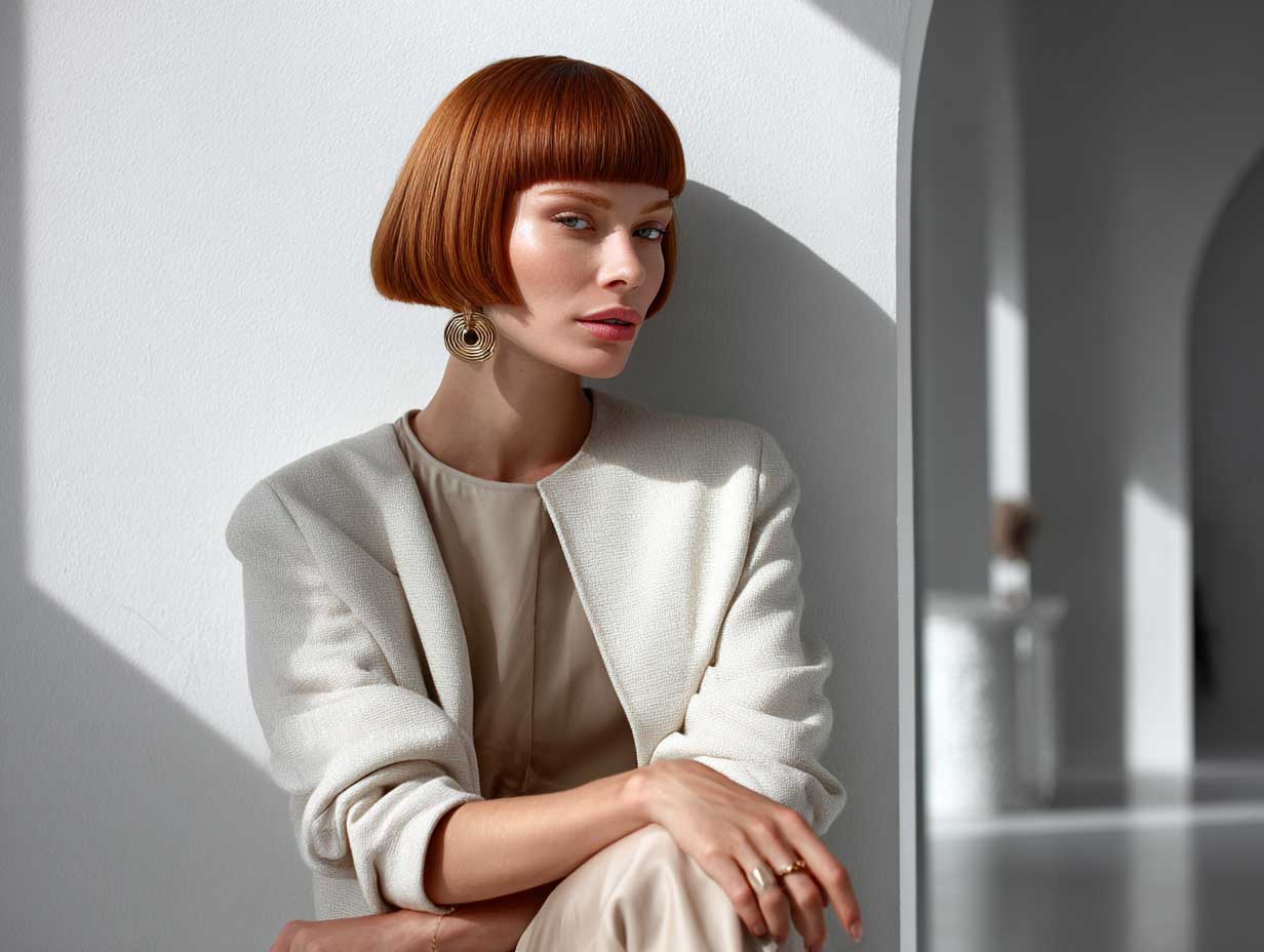 chic woman with blunt cut auburn bob, minimalist makeup, architectural outfit, soft side light, white background, modern editorial photography, full length model