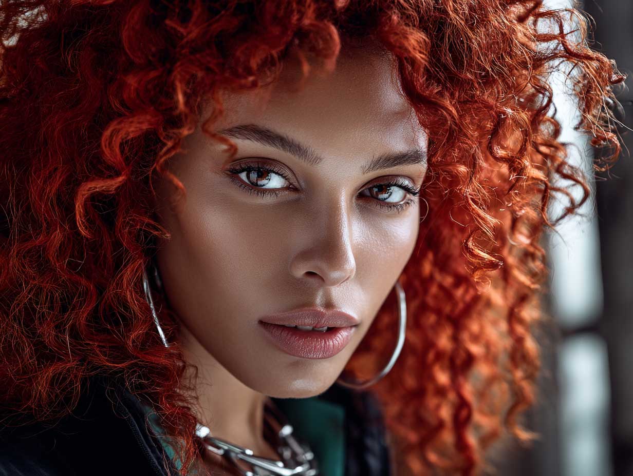 portrait of a woman with fiery crimson curly hair, fierce expression, glowing skin, sharp cheekbones, modern streetwear, cinematic lighting, urban background, fashion editorial photography