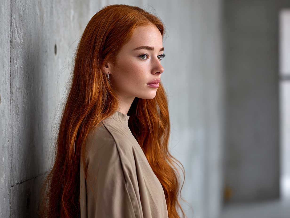 long straight hair with subtle rust red underdye, neutral outfit, standing against minimalist concrete wall, side profile, soft natural daylight, full length editorial photo