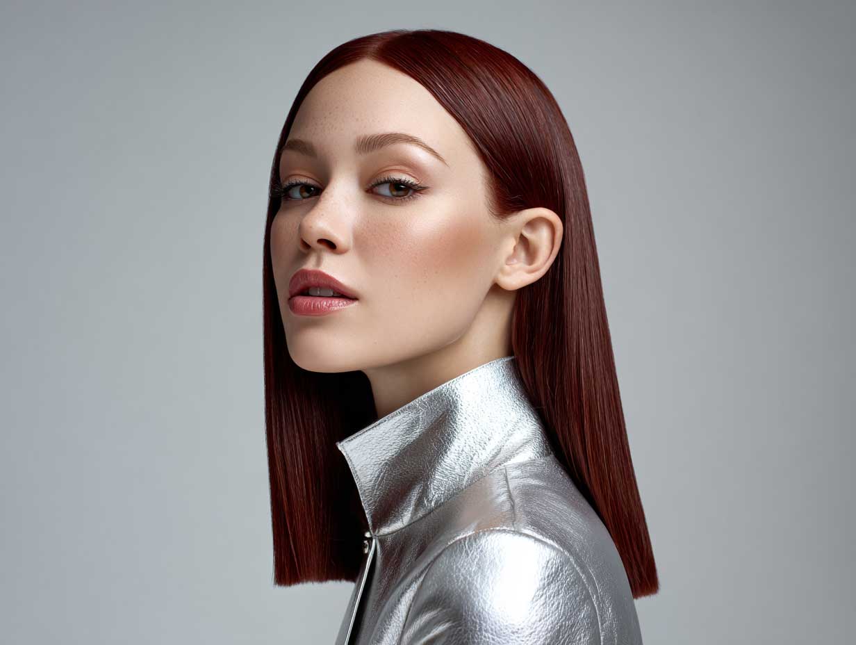 portrait of a woman with sleek straight mahogany red hair, glossy texture, minimalist makeup, futuristic silver outfit, clean white background, soft studio light, magazine aesthetic