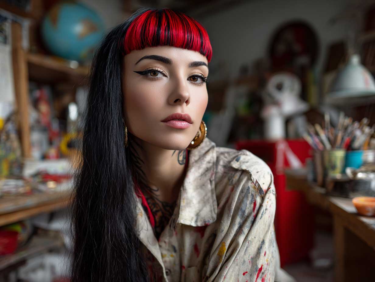 woman with jet black long hair and bold crimson bangs, graphic eyeliner, wearing oversized shirt with paint splatters, indoor art studio, expressive lighting, eclectic fashion mood