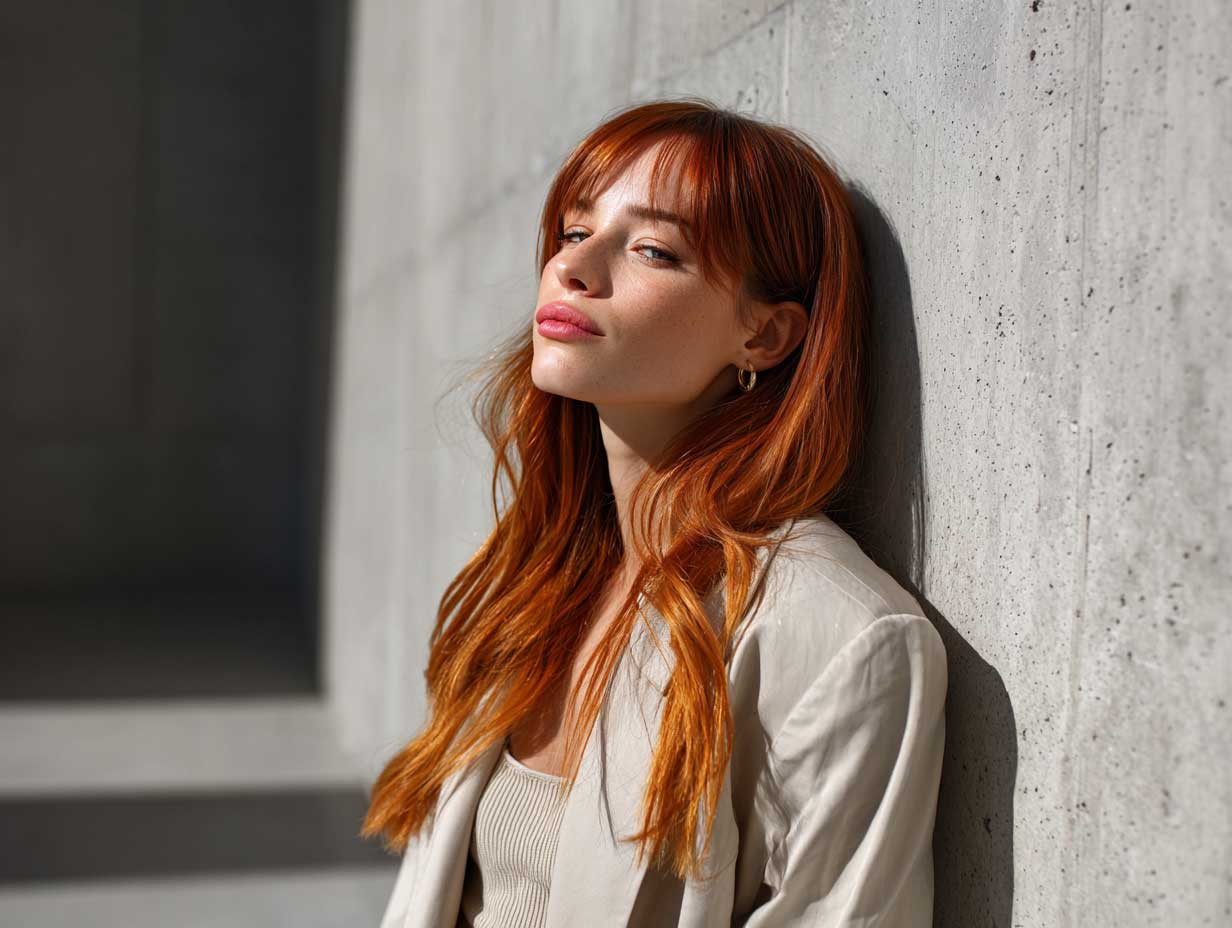 long straight hair with subtle rust red underdye, neutral outfit, standing against minimalist concrete wall, side profile, soft natural daylight, full length editorial photo