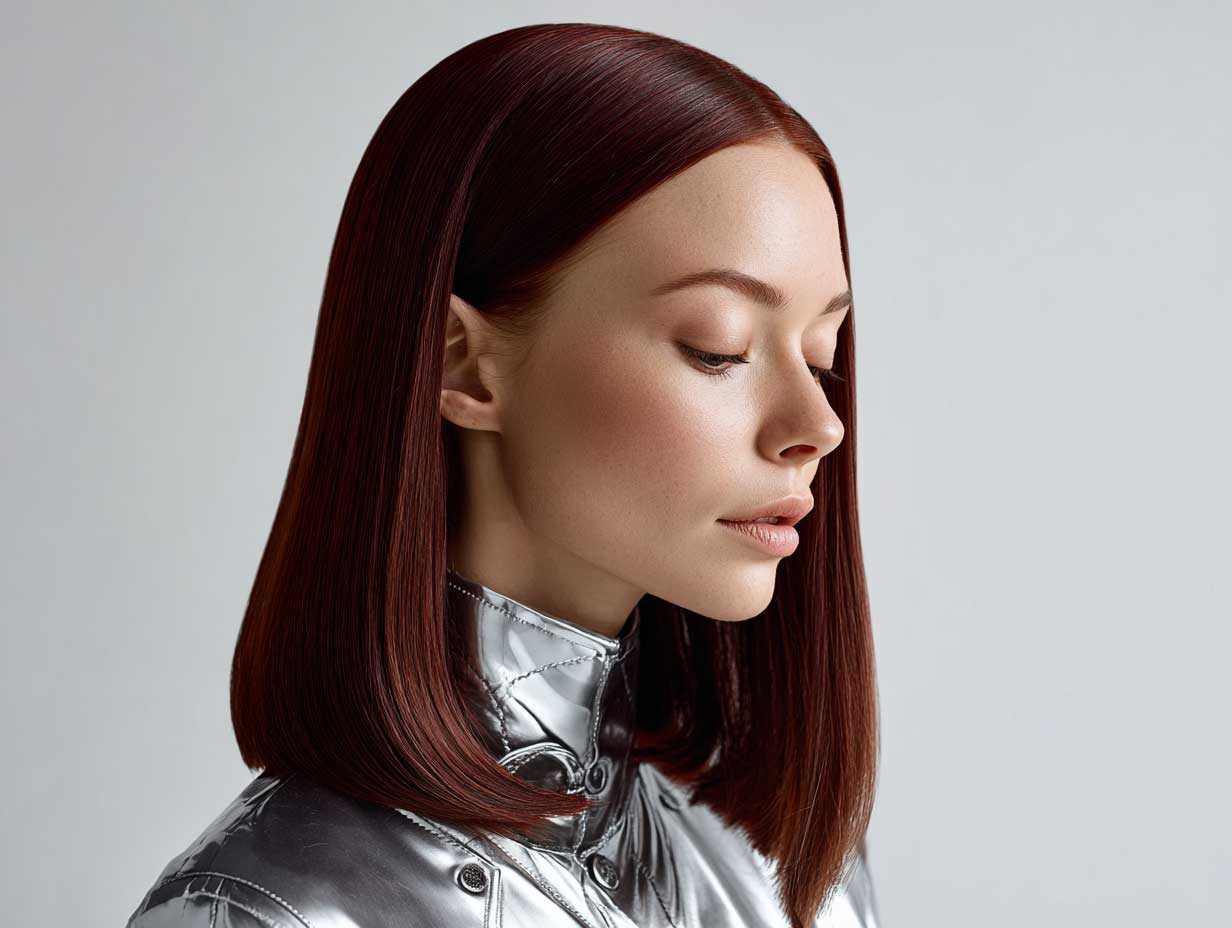 portrait of a woman with sleek straight mahogany red hair, glossy texture, minimalist makeup, futuristic silver outfit, clean white background, soft studio light, magazine aesthetic