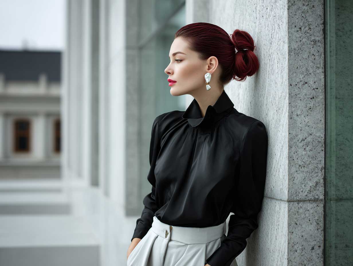 woman with sleek mid-length cherry red ponytail, minimalist monochrome outfit, clean makeup, modern building backdrop, overcast lighting, high fashion editorial style, full length
