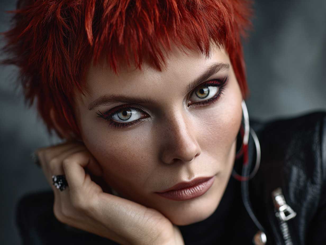 portrait of a woman with wild cherry red pixie cut, sharp and edgy features, intense eye makeup, leather jacket, moody background, cinematic lighting, bold fashion look