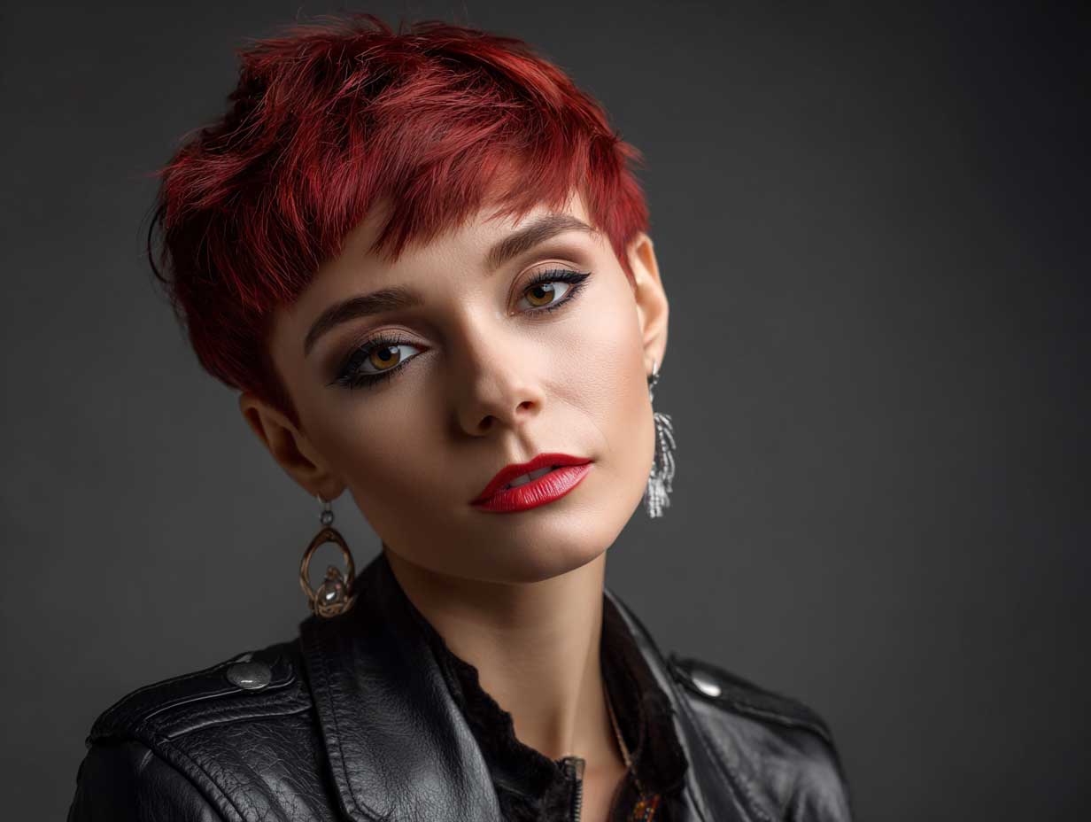 portrait of a woman with wild cherry red pixie cut, sharp and edgy features, intense eye makeup, leather jacket, moody background, cinematic lighting, bold fashion look