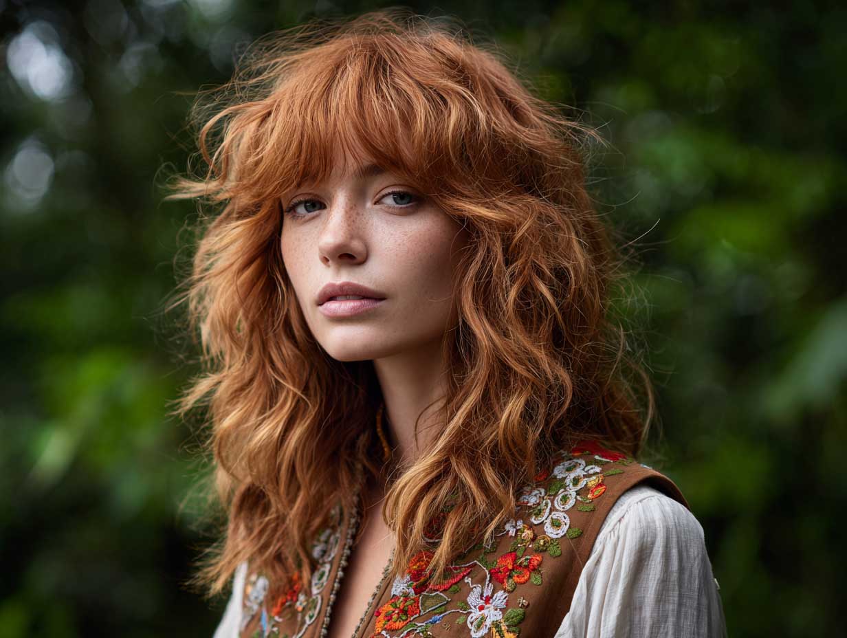 young woman with tousled copper red shag haircut, curtain bangs, wearing embroidered vest, forest background, soft natural lighting, whimsical styling, carefree expression