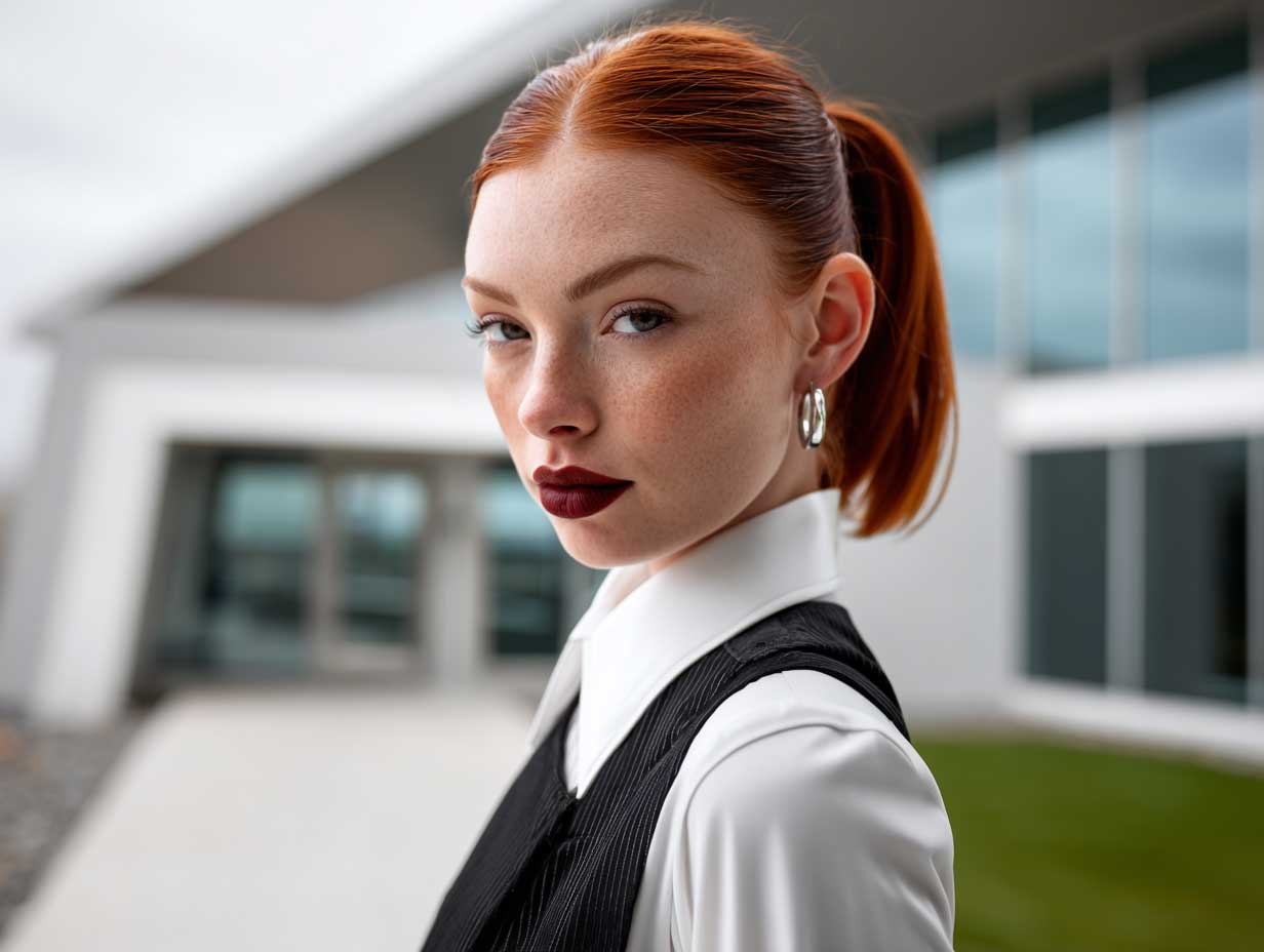 woman with sleek mid-length cherry red ponytail, minimalist monochrome outfit, clean makeup, modern building backdrop, overcast lighting, high fashion editorial style, full length