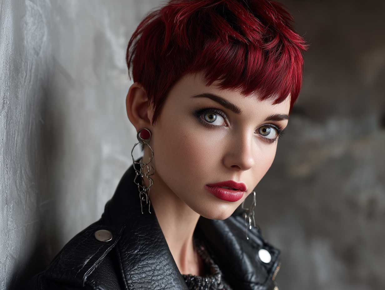 portrait of a woman with wild cherry red pixie cut, sharp and edgy features, intense eye makeup, leather jacket, moody background, cinematic lighting, bold fashion look