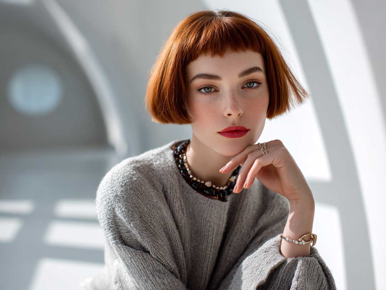 chic woman with blunt cut auburn bob, minimalist makeup, architectural outfit, soft side light, white background, modern editorial photography, full length model