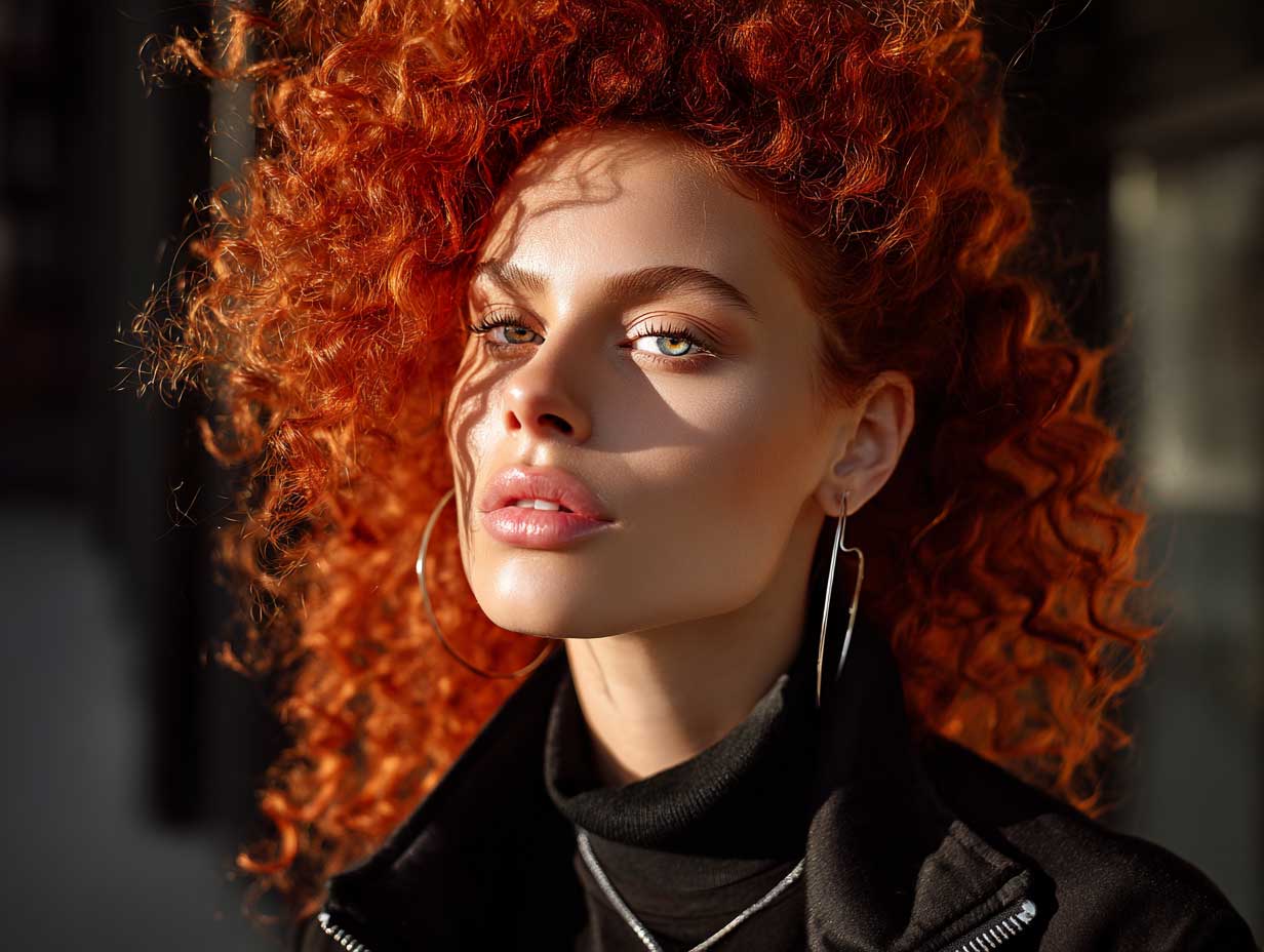 portrait of a woman with fiery crimson curly hair, fierce expression, glowing skin, sharp cheekbones, modern streetwear, cinematic lighting, urban background, fashion editorial photography