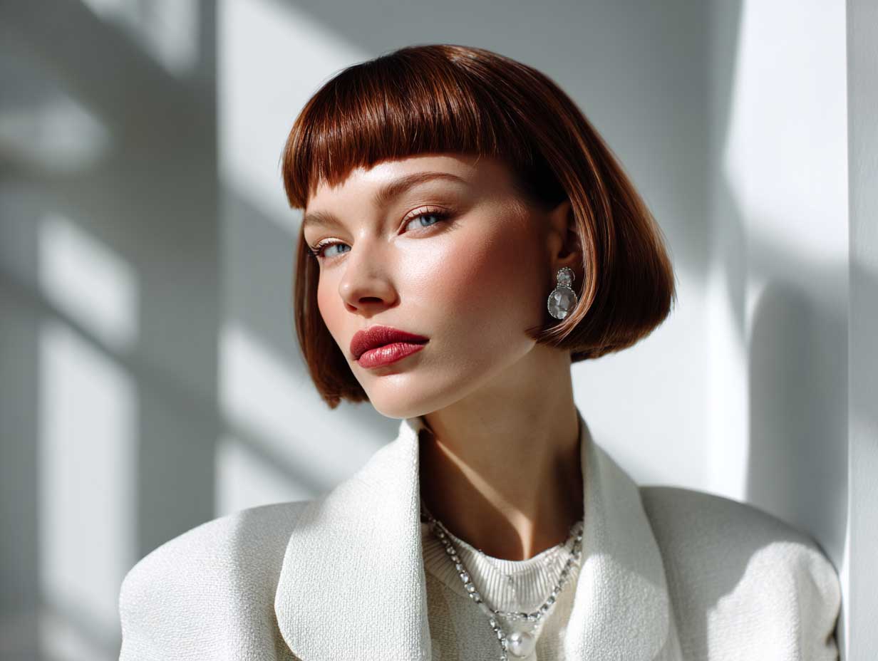 chic woman with blunt cut auburn bob, minimalist makeup, architectural outfit, soft side light, white background, modern editorial photography, full length model