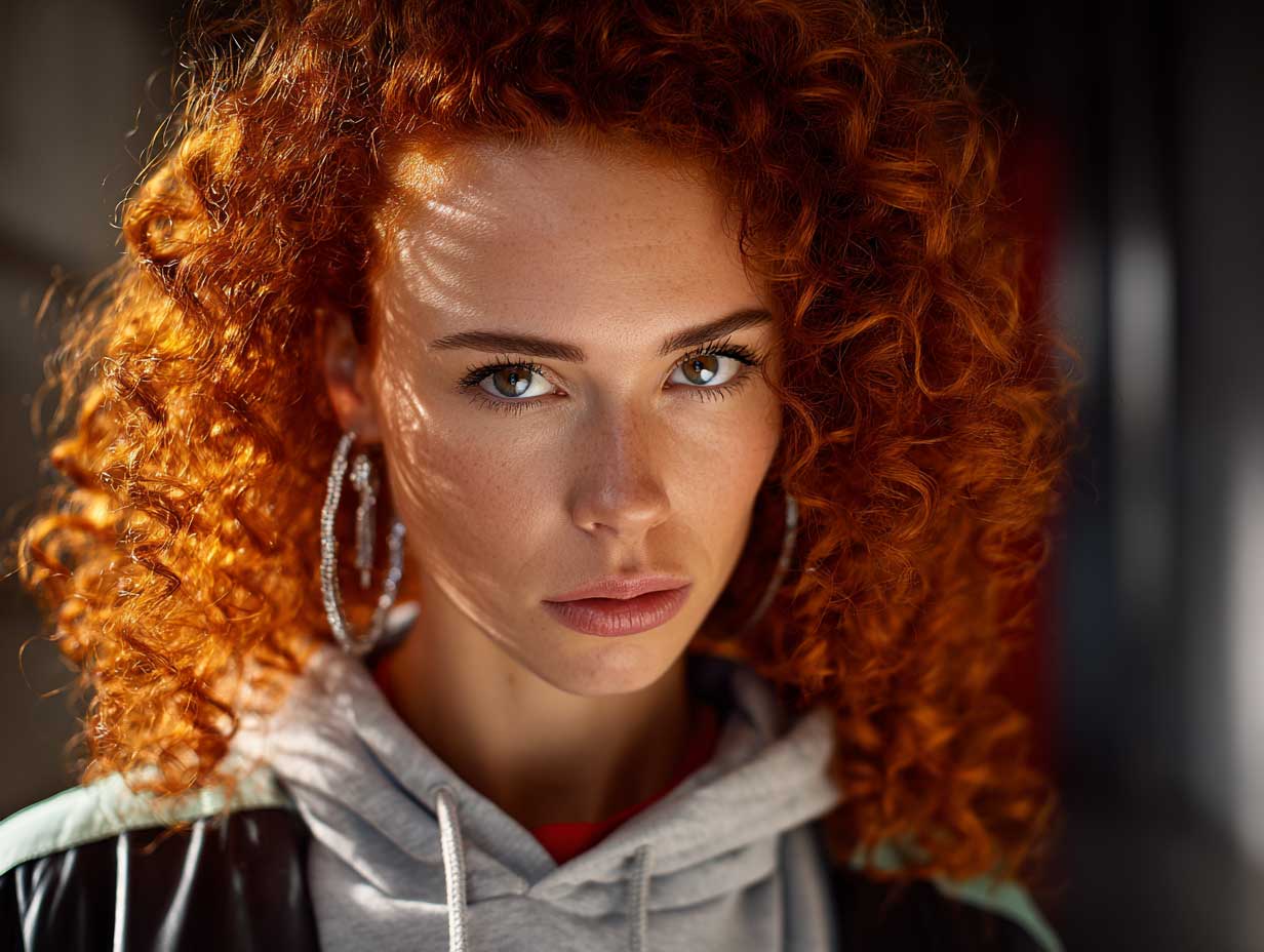 portrait of a woman with fiery crimson curly hair, fierce expression, glowing skin, sharp cheekbones, modern streetwear, cinematic lighting, urban background, fashion editorial photography