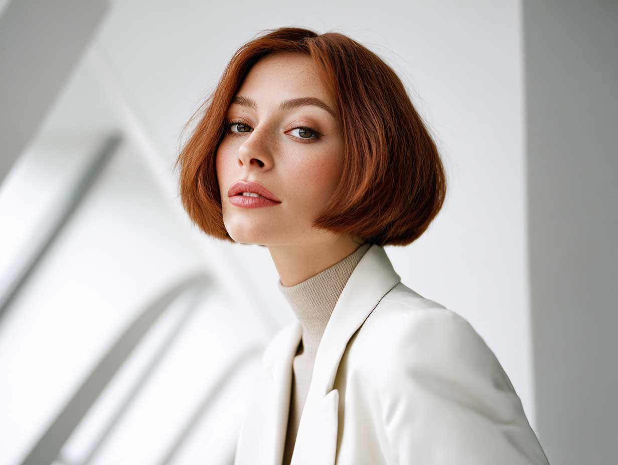 chic woman with blunt cut auburn bob, minimalist makeup, architectural outfit, soft side light, white background, modern editorial photography, full length model